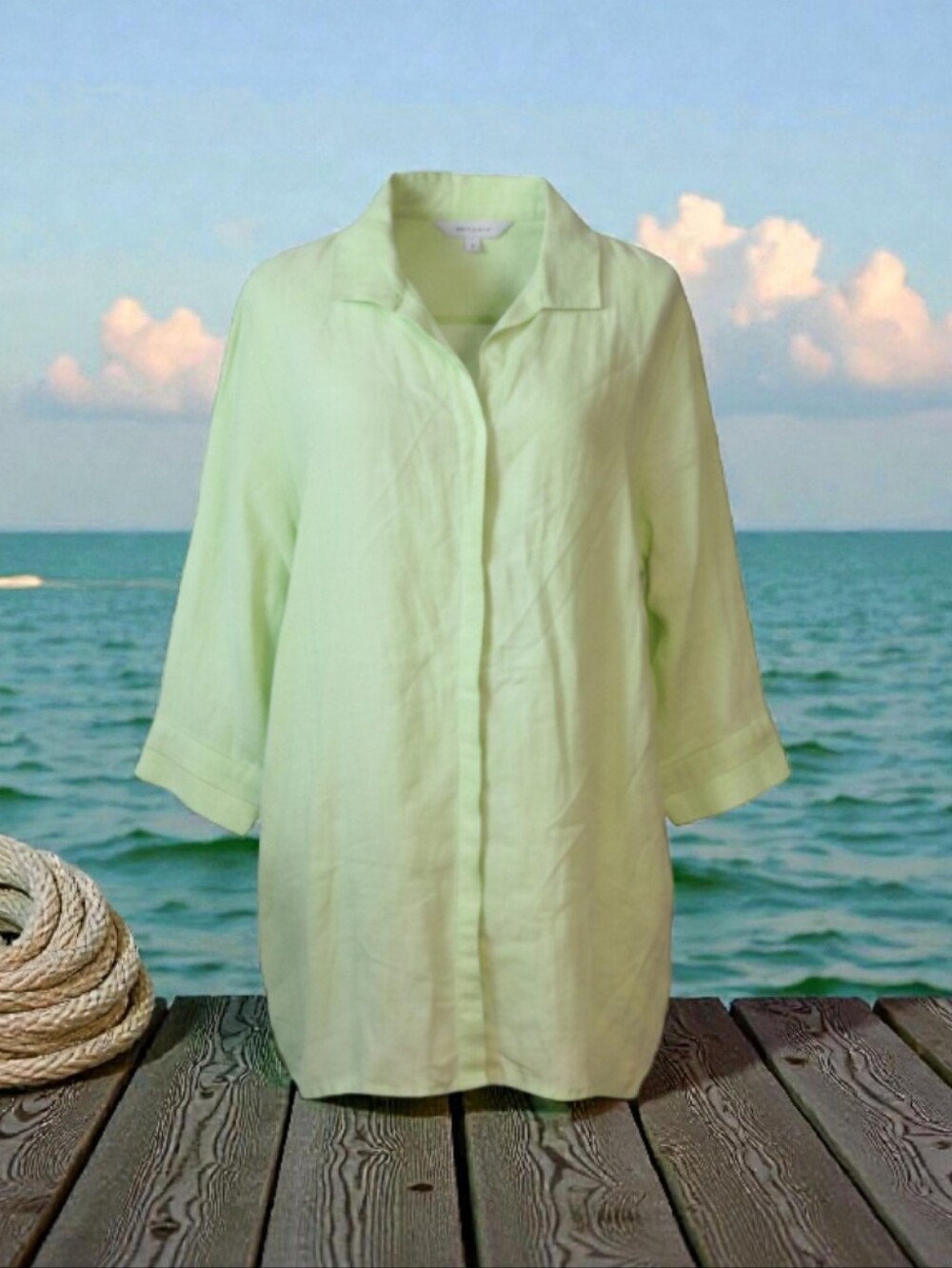 100% linen spring green Tunic lagenlook flowy coastal vacation button up  Sz 16